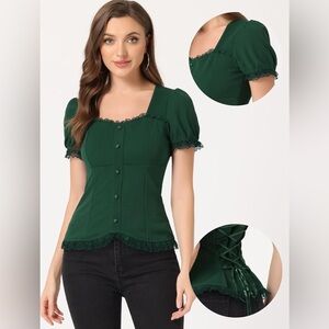 Victorian Shirt for Women's Sweetheart Neck Puff Sleeve Halloween Lace Up Gothic